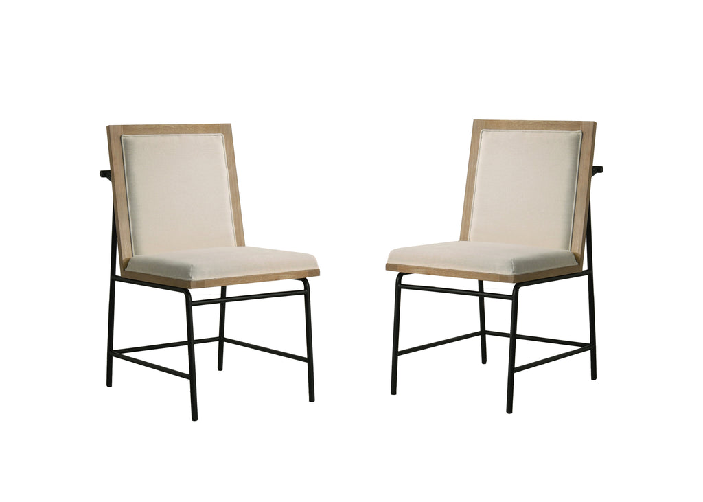 Pair of cream upholstered dining chairs with oak frames and black metal legs from the Round Oak Dining Table Set.