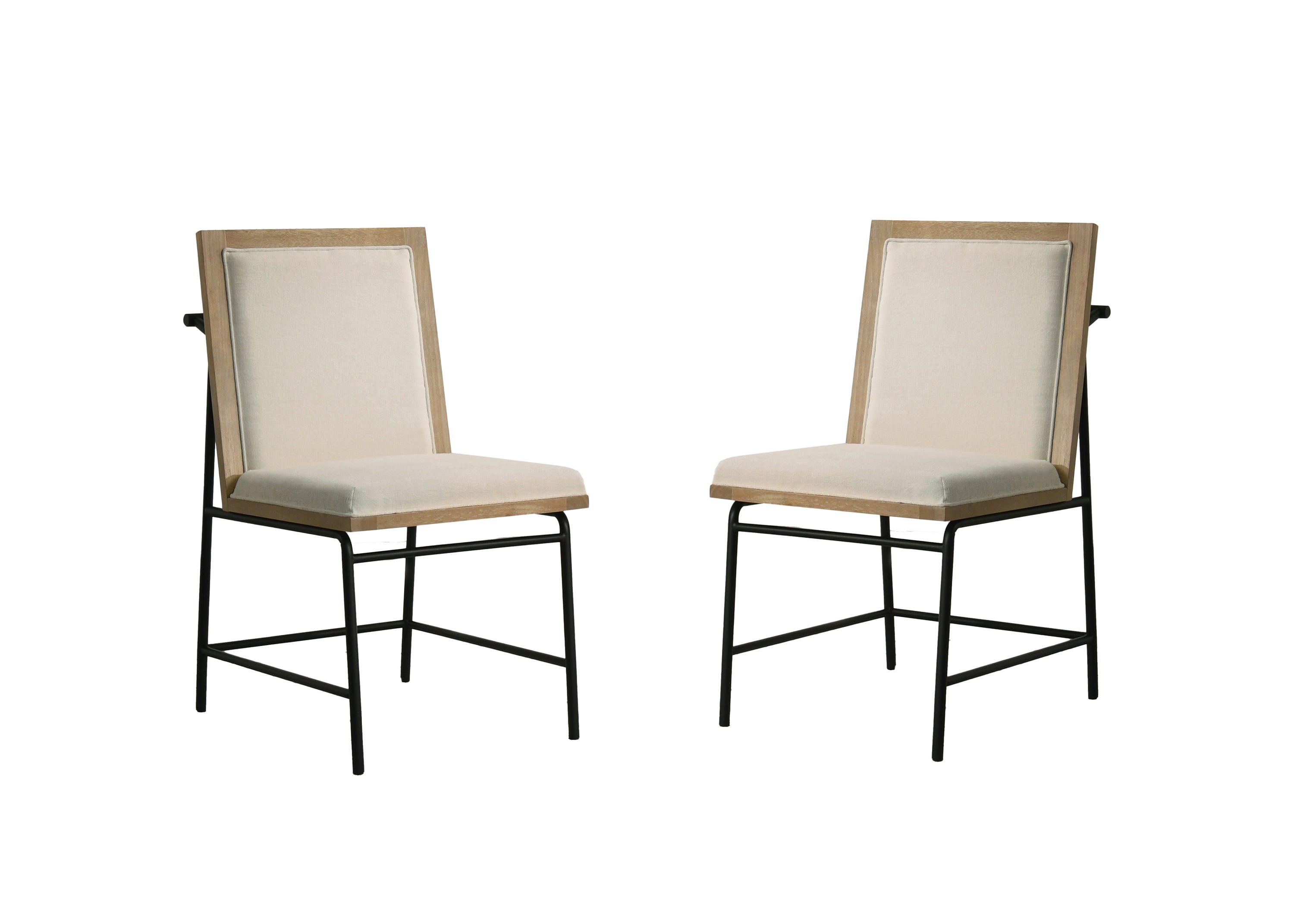 Pair of cream upholstered chairs from Bowen Oak Dining Table Set. Solid oak frame with black metal legs, modern and comfortable.