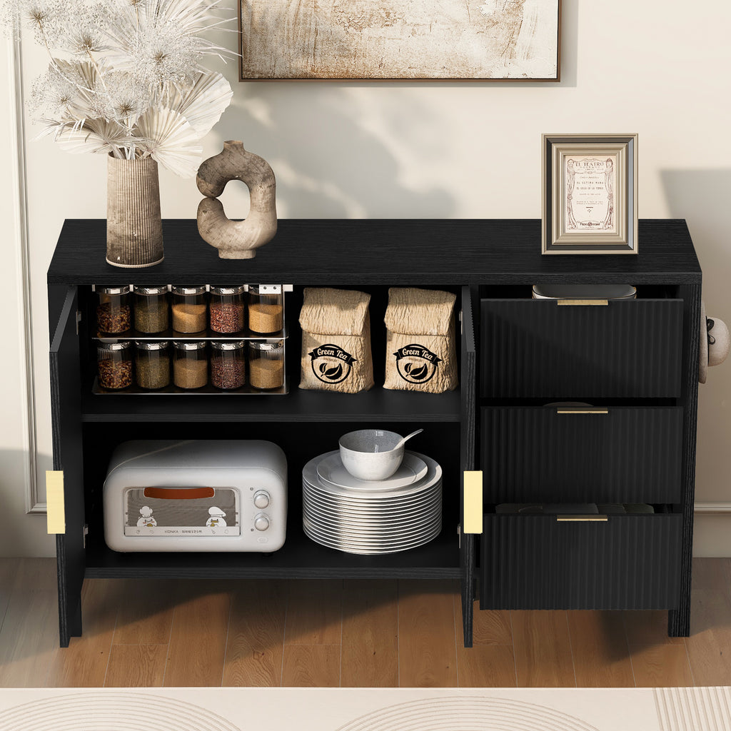 Open view of modern wave-pattern sideboard showing spacious interior with shelves and drawers for kitchen appliances and pantry items.