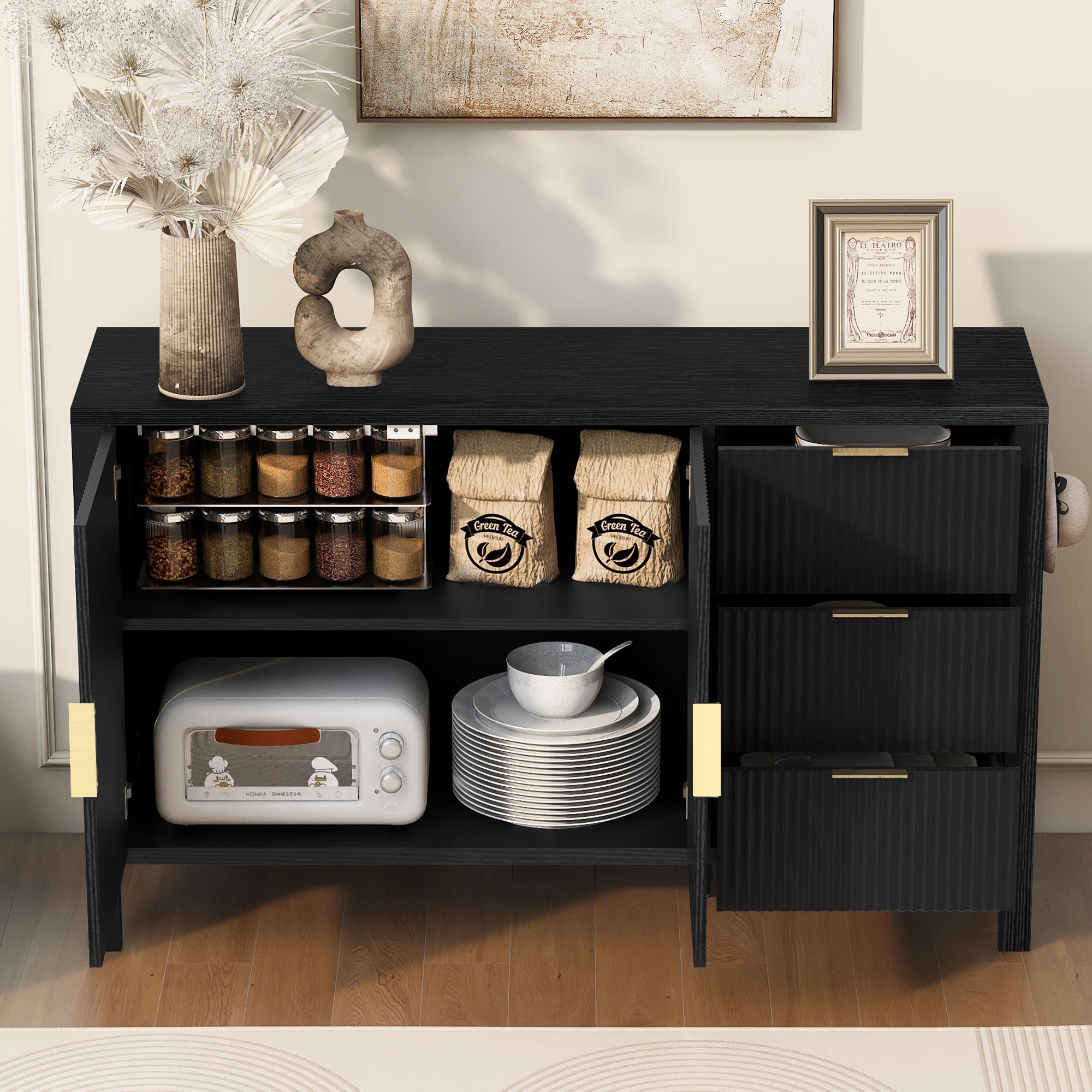 Open view of modern wave-pattern sideboard showing spacious interior with shelves and drawers for kitchen appliances and pantry items.