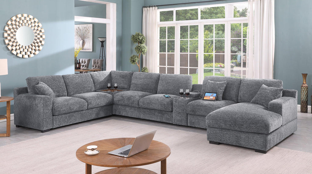 Light Gray Corner Sectional Sofa with Chaise & Cupholders.