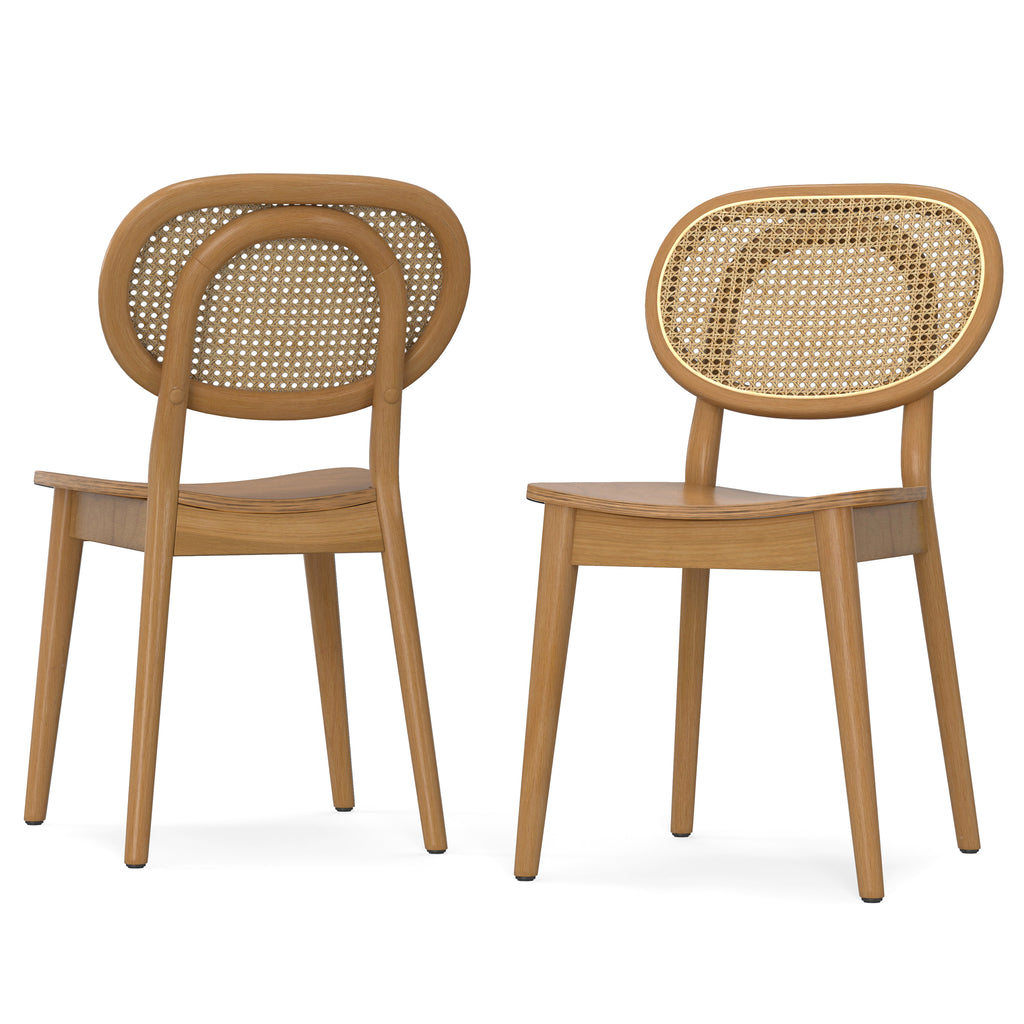 Back view of brown rattan dining chairs set of 2, featuring curved cane backrests and kiln-dried beech wood construction.