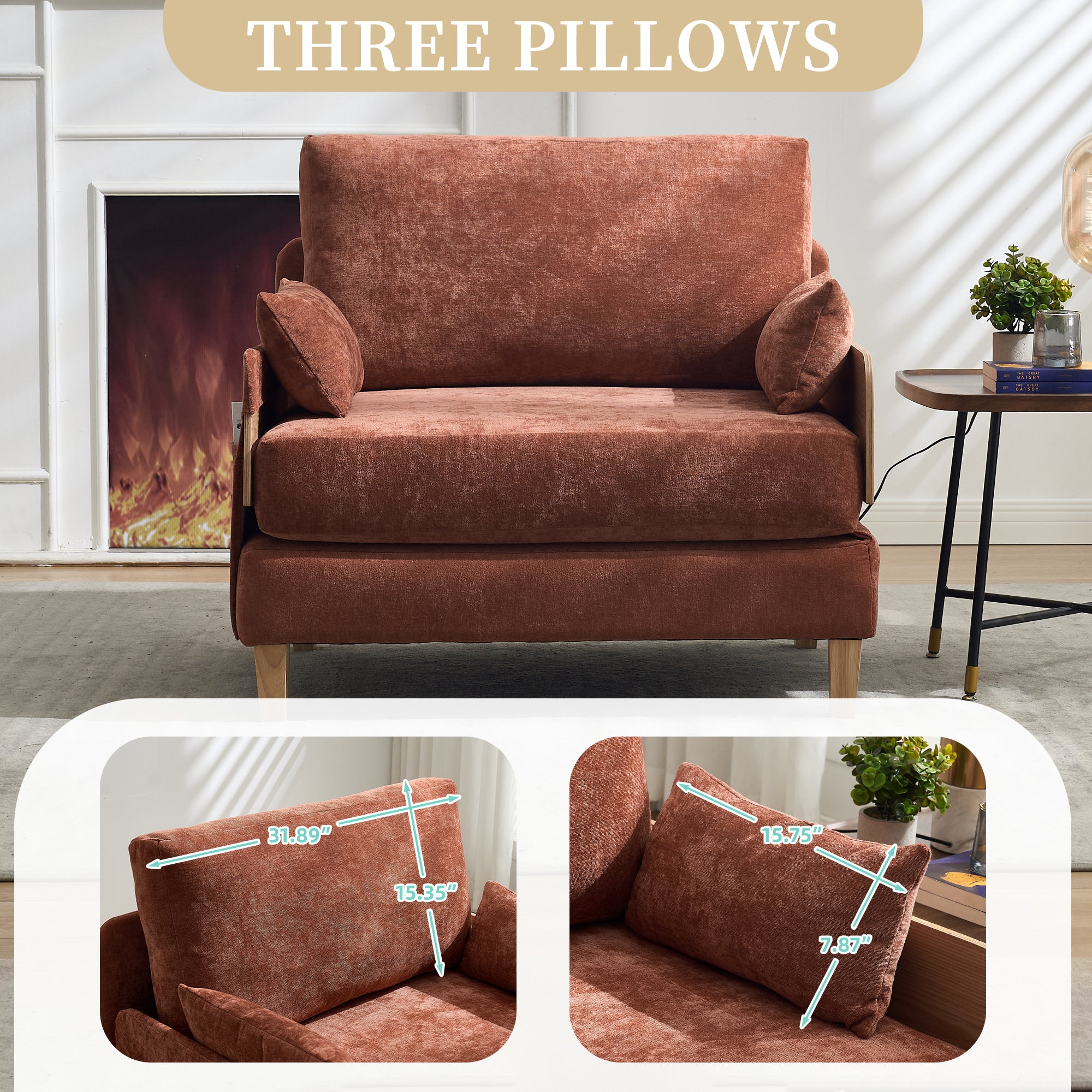 Front view of Convertible Sofa Bed Recliner with three pillows, emphasizing ergonomic support and plush chenille fabric.