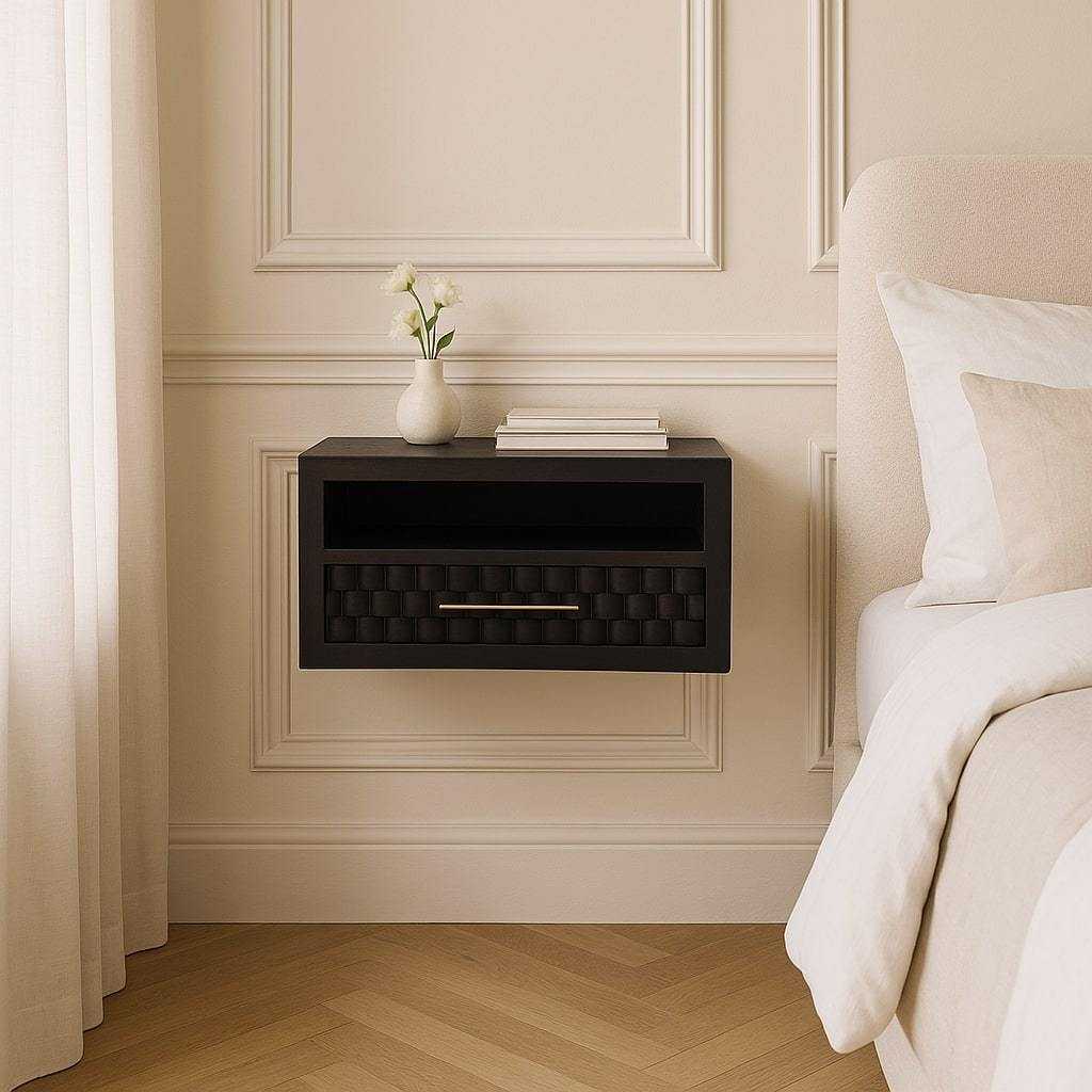 Solid Wood Arno Wall-Mounted Nightstand,Black,1-Shelf,1-Drawers