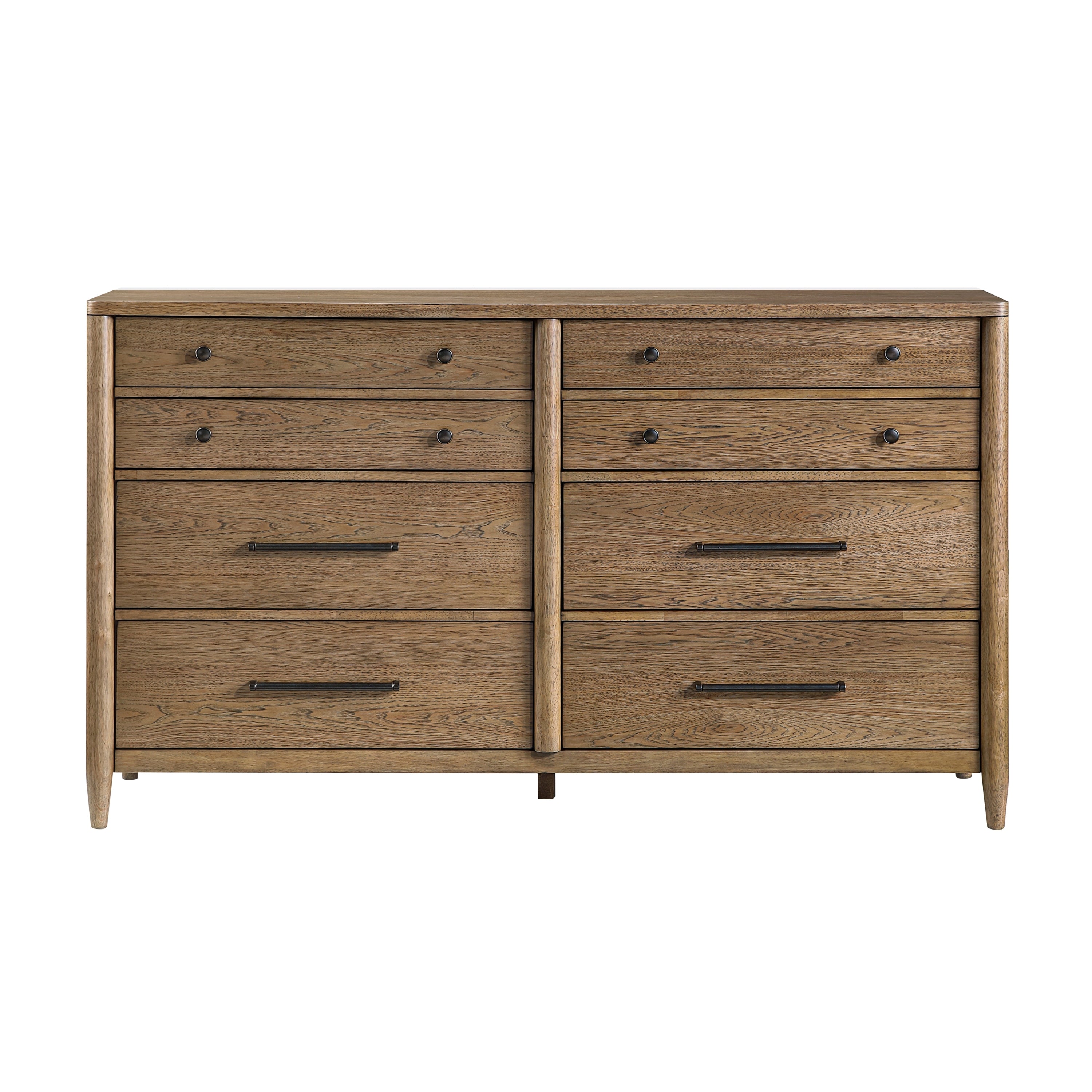 Modern transitional 8-drawer dresser in brown wood finish with dark metal hardware and tapered legs.