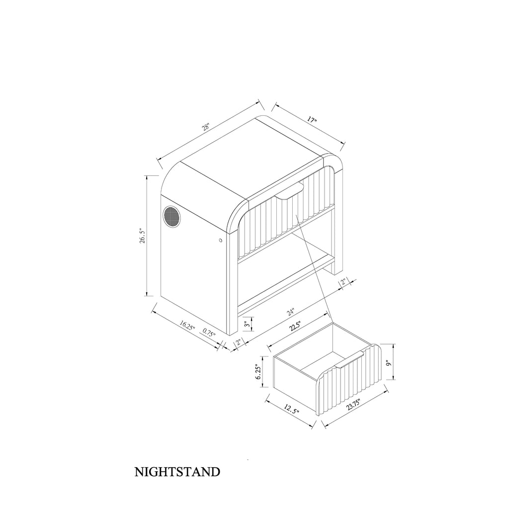 Beverly Black and White Nightstand with Spacious Drawer and White Marble-Like Inlay with Speakers, Rubber Wood, Rounded Sides, Fluted Detailing, 28L x 17W x 26.5H Inches
