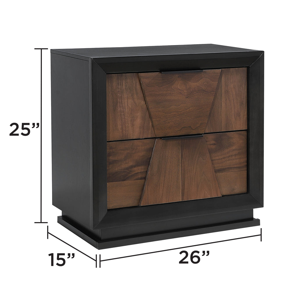Modern walnut nightstand measuring 25 inches high, 26 inches wide, and 15 inches deep. Features 2 drawers and bold black trim.