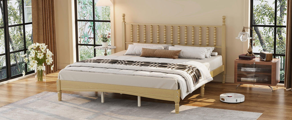 King Size Wood Platform Bed Featuring a Gourd Shaped Headboard.