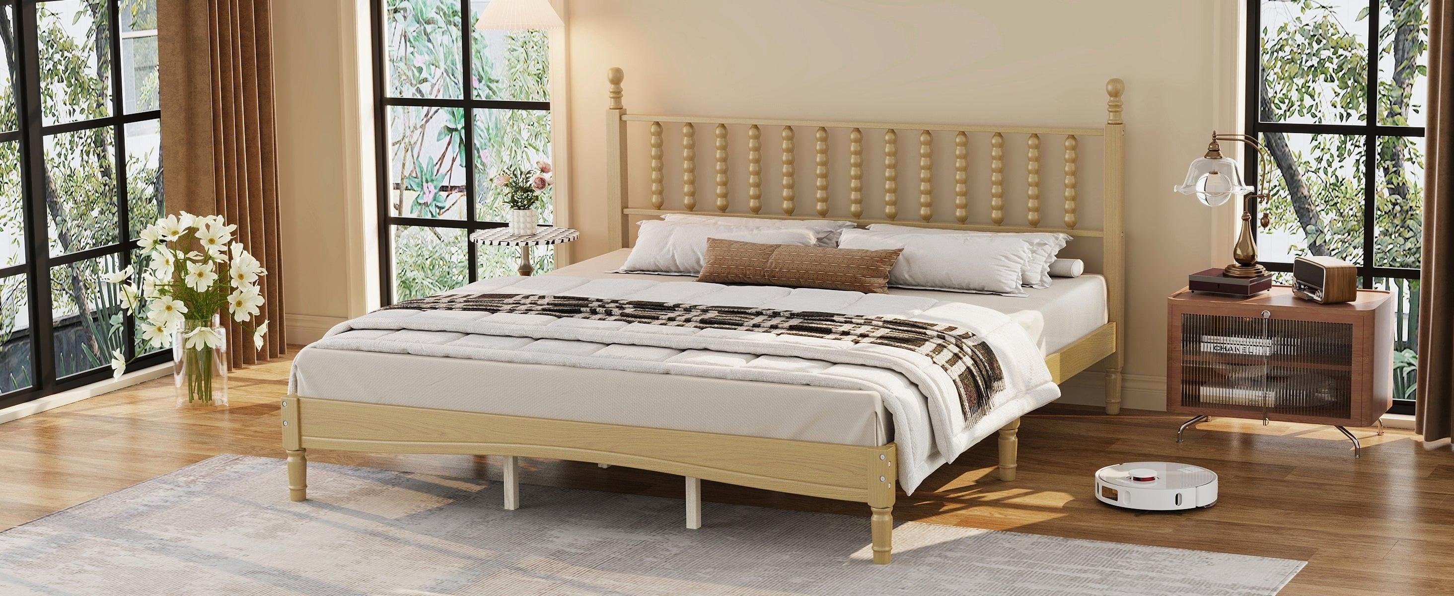 King Size Wood Platform Bed Featuring a Gourd Shaped Headboard.