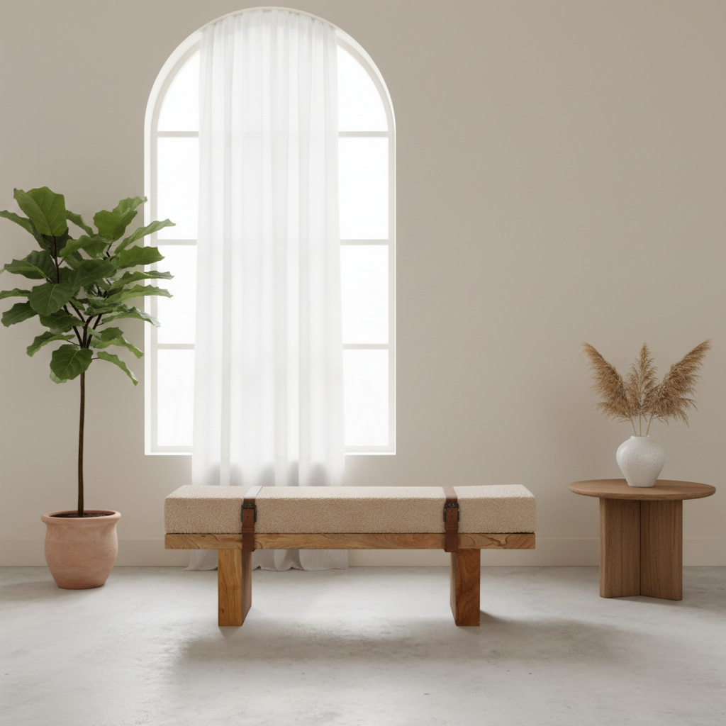 Solid wood dining bench with beige boucle upholstery and brown leather strap accents in a modern, minimalist room.