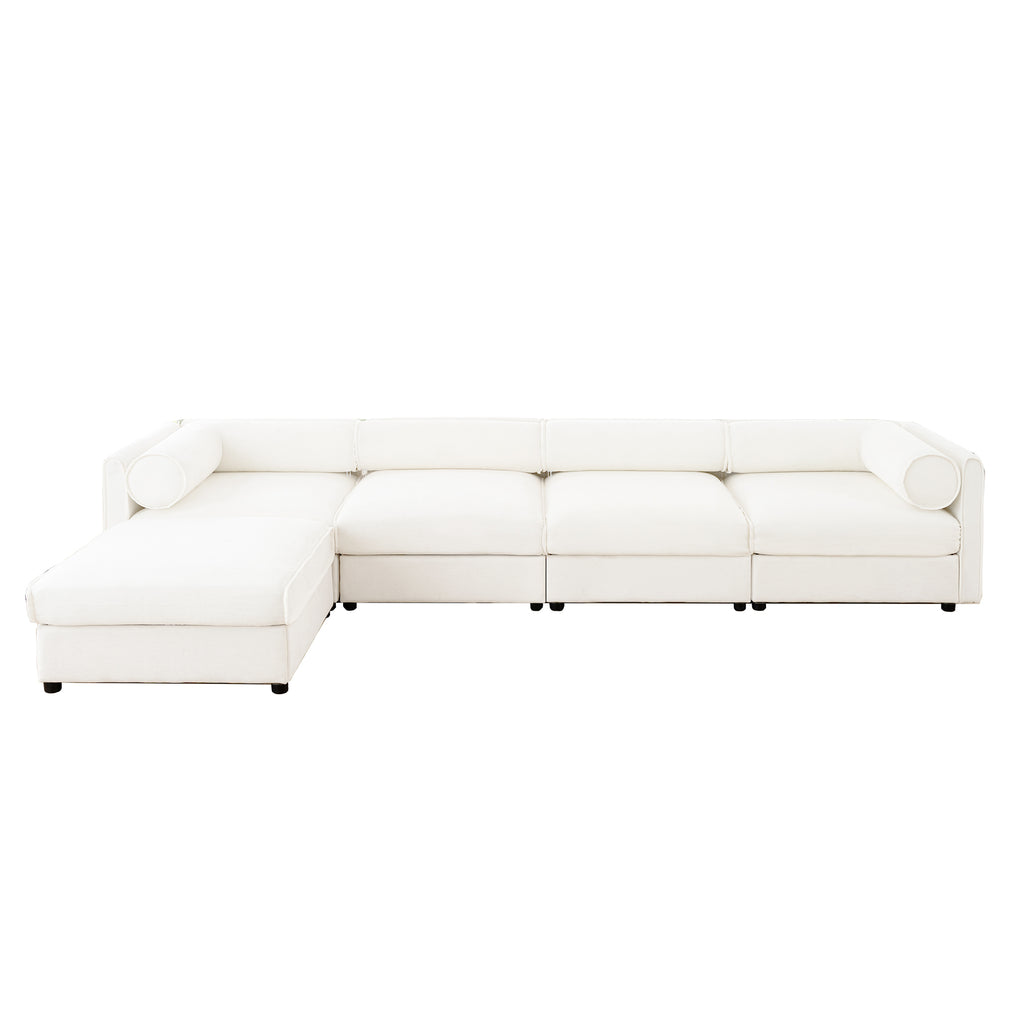 L-shaped modular sectional sofa in white chenille fabric with storage, featuring cylindrical bolster pillows.