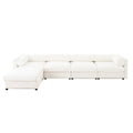 L-shaped modular sectional sofa in white chenille fabric with storage, featuring cylindrical bolster pillows.