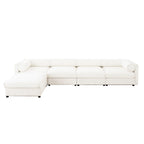 L-shaped modular sectional sofa in white chenille fabric with storage, featuring cylindrical bolster pillows.