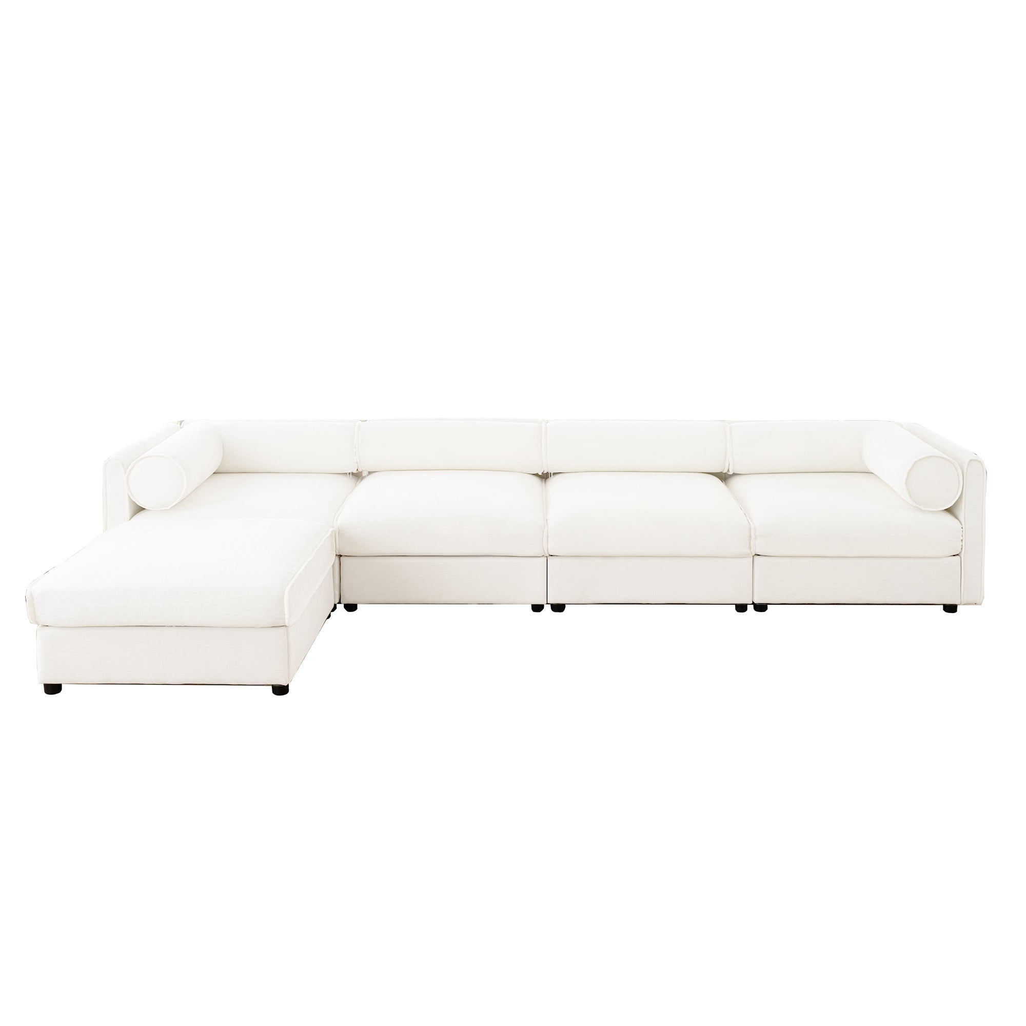 L-shaped modular sectional sofa in white chenille fabric with storage, featuring cylindrical bolster pillows.
