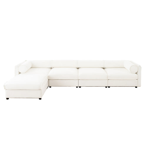 L-shaped modular sectional sofa in white chenille fabric with storage, featuring cylindrical bolster pillows.