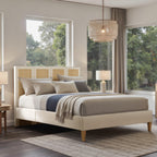 Upholstered Cane Bed Queen - Antique White Platform Bed.