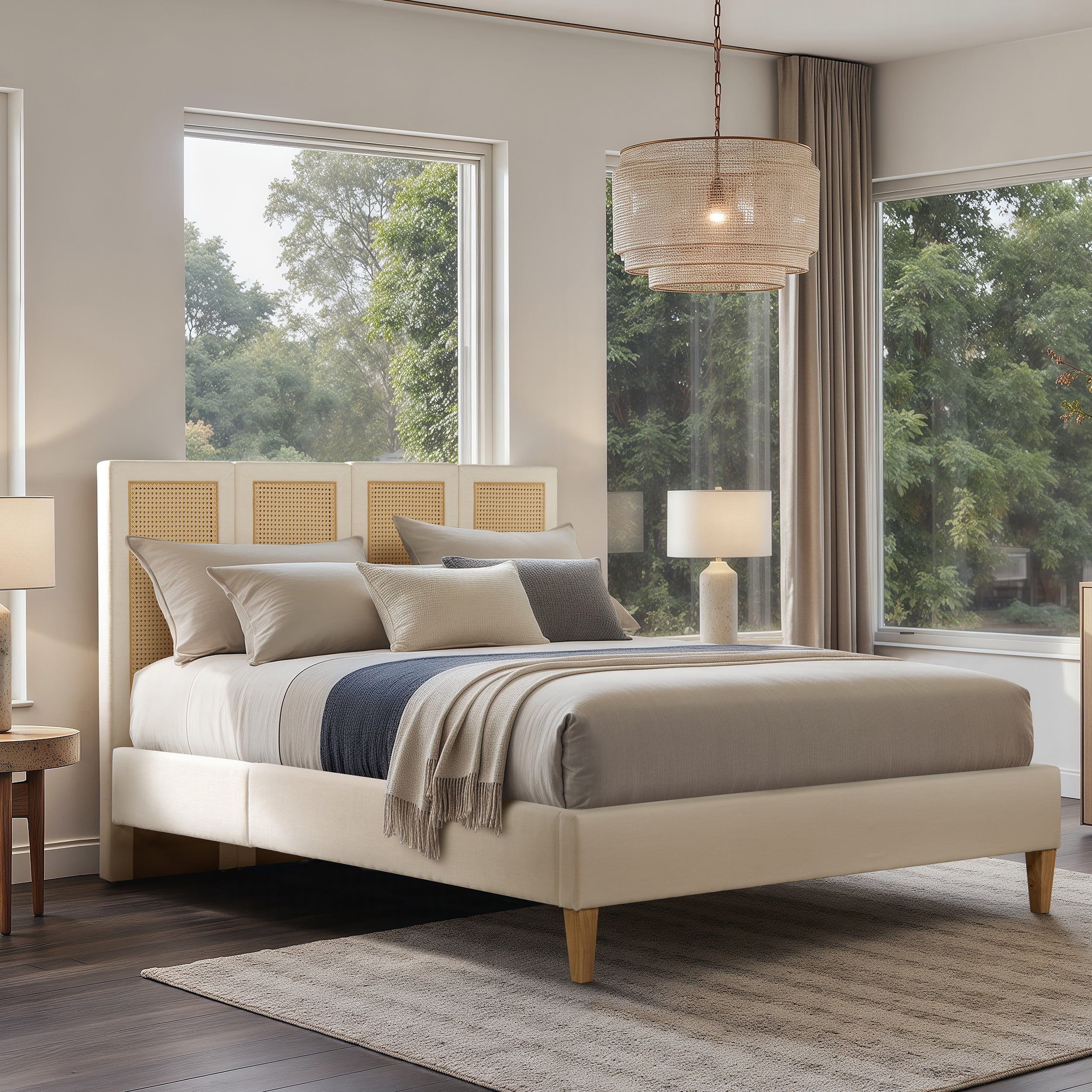 Antique white Queen Upholstered Cane Bed with cane panel headboard, styled in a contemporary bedroom with large windows and soft tones.