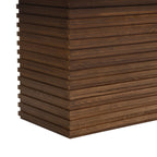 Detailed view of Coad 84-inch Walnut Dining Table pedestal base featuring stacked horizontal wood slats in a rich walnut tone.