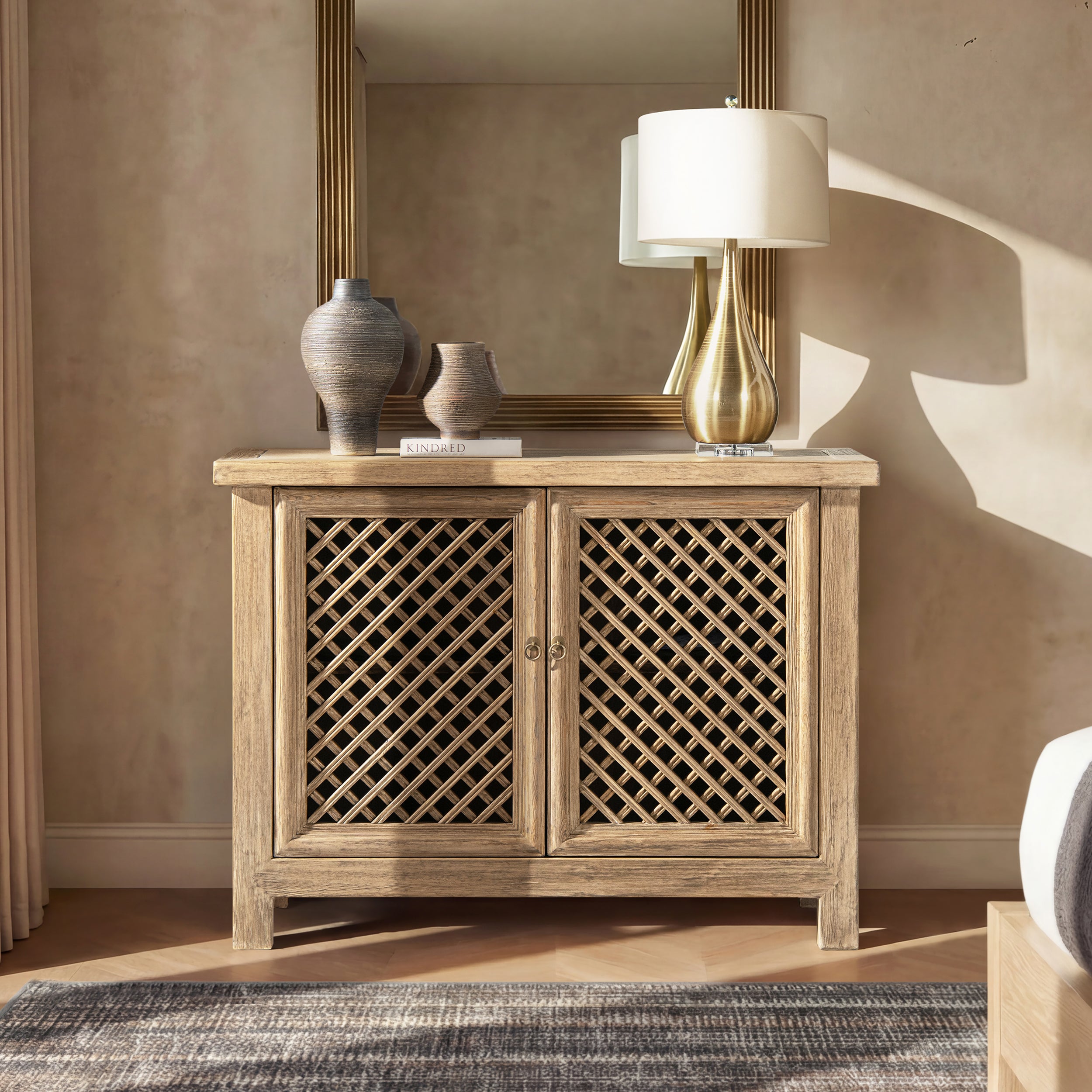 Light natural brown reclaimed pine 2-door storage cabinet featuring a decorative lattice design and rustic style.