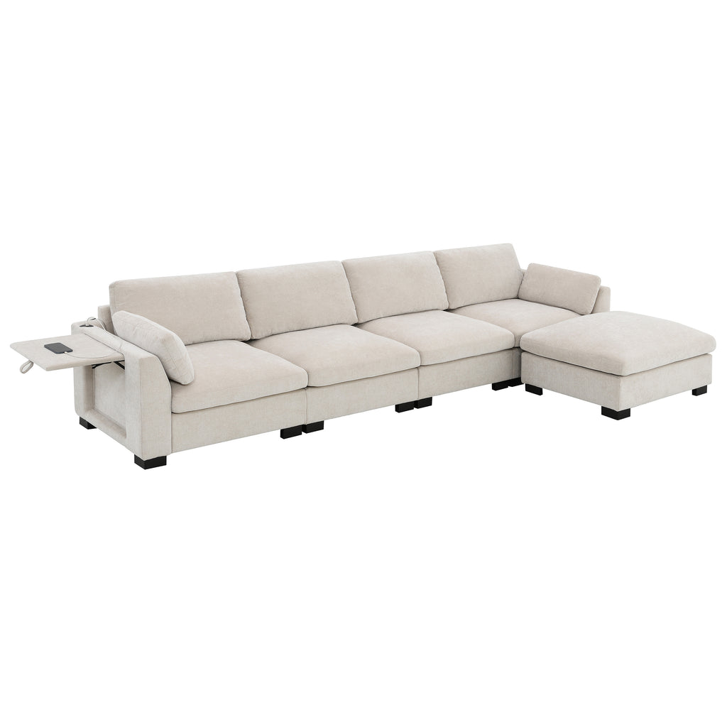 Modular Sectional Sofa - Dual Charging & Storage featuring a fold-out table with USB ports and a versatile ottoman, upholstered in soft chenille.