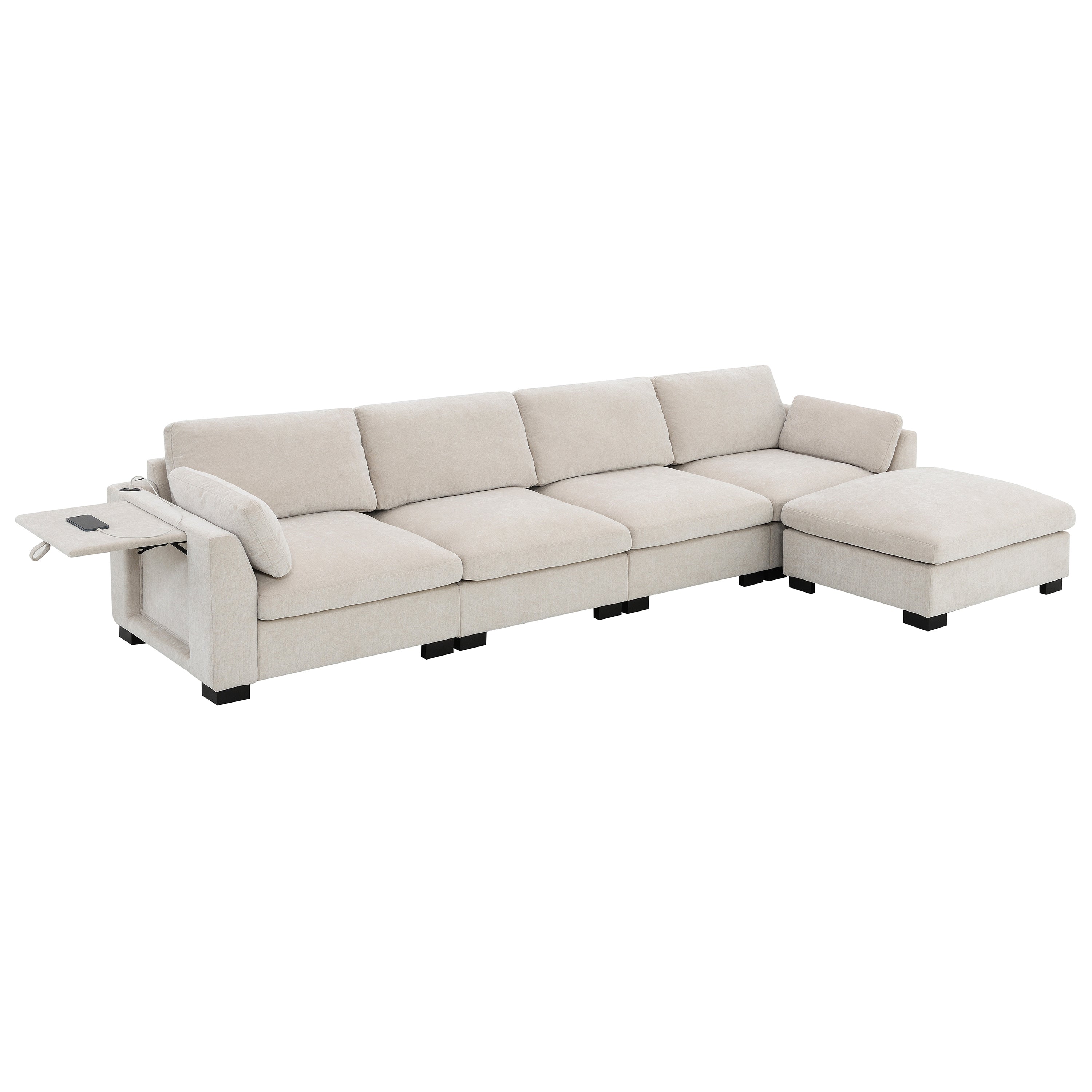 Modular Sectional Sofa - Dual Charging & Storage featuring a fold-out table with USB ports and a versatile ottoman, upholstered in soft chenille.