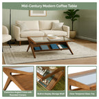 Mid-Century Modern Coffee Table in Morocco Brown featuring tempered glass top, angled legs, and built-in shelf, shown with design highlights.