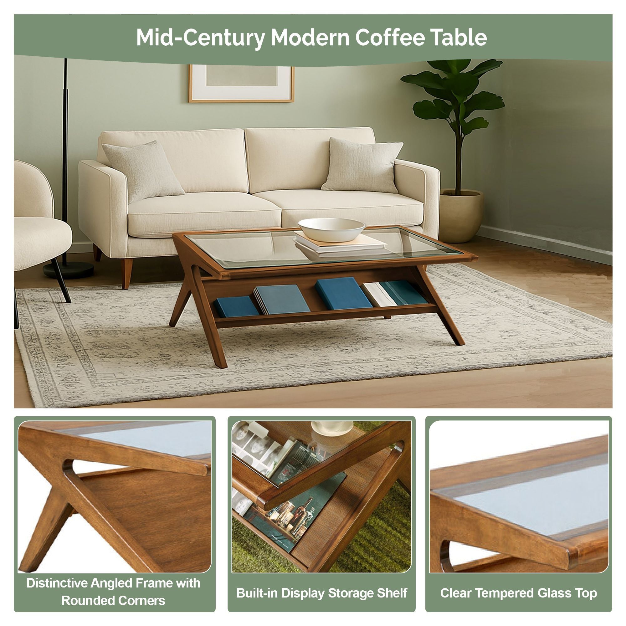 Mid-Century Modern Coffee Table in Morocco Brown featuring tempered glass top, angled legs, and built-in shelf, shown with design highlights.