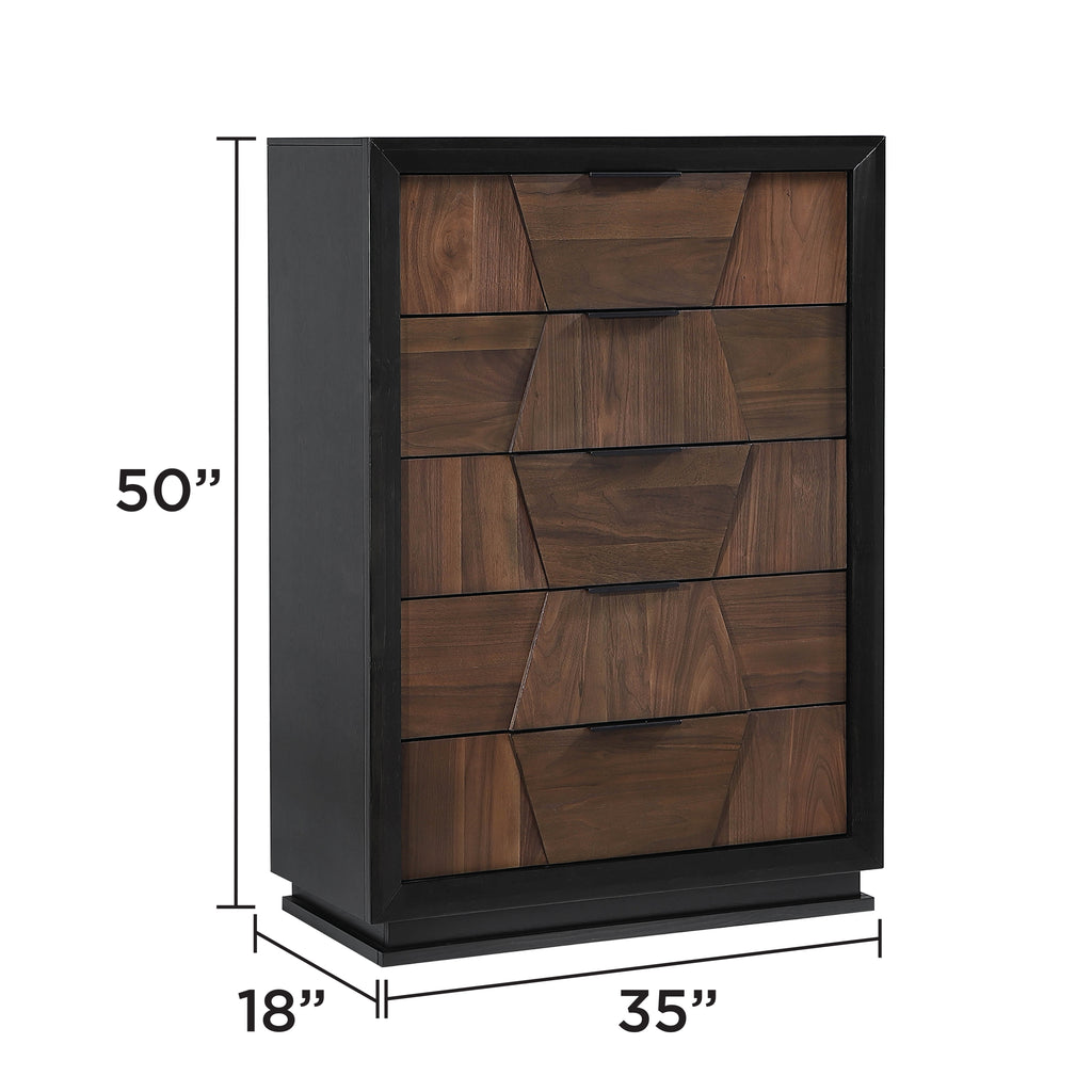 Houston 5-Drawer Chest - Walnut, 50-inch tall vertical dresser with 35-inch width and 18-inch depth, perfect for compact storage.