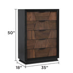 Houston 5-Drawer Chest - Walnut, 50-inch tall vertical dresser with 35-inch width and 18-inch depth, perfect for compact storage.