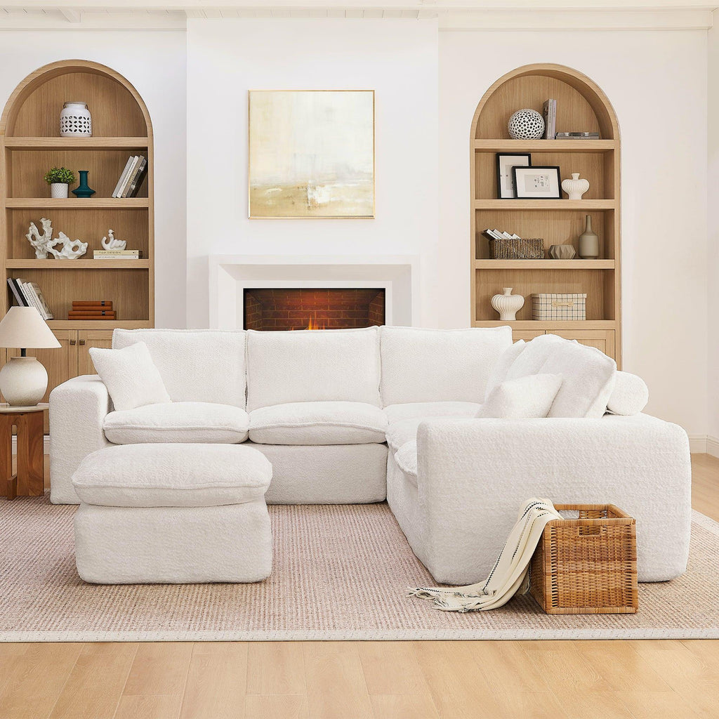Modern Boucle L-shaped Sectional Sofa with Ottoman.