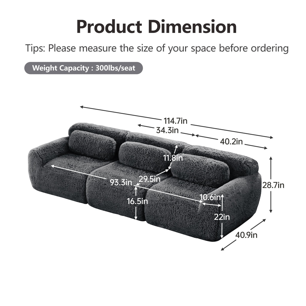 Modular Sectional Sofa - Comfortable & Versatile Design with detailed dimensions and 300lbs per seat weight capacity, ideal for home spaces.