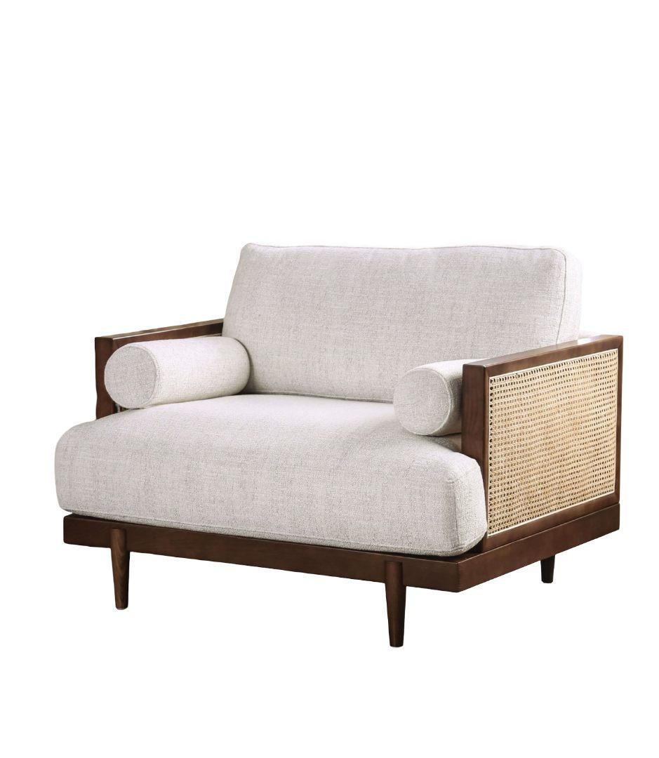 Mid-Century Modern Beige Chair with Walnut Finish.