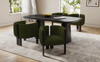 Stylish dining area featuring modern olive green chairs with black wood frames around a sleek black table on a neutral rug.