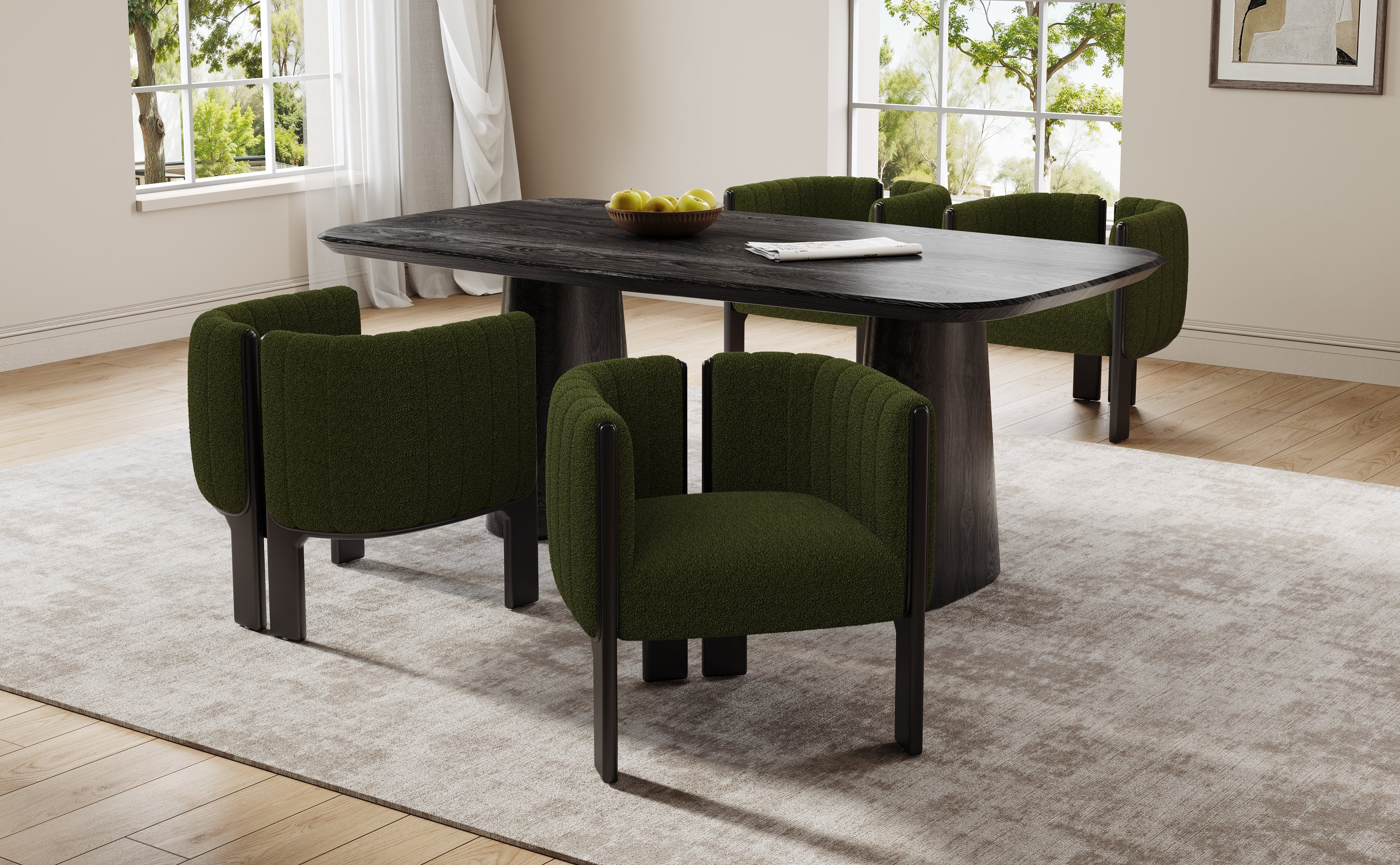 Stylish dining area featuring modern olive green chairs with black wood frames around a sleek black table on a neutral rug.
