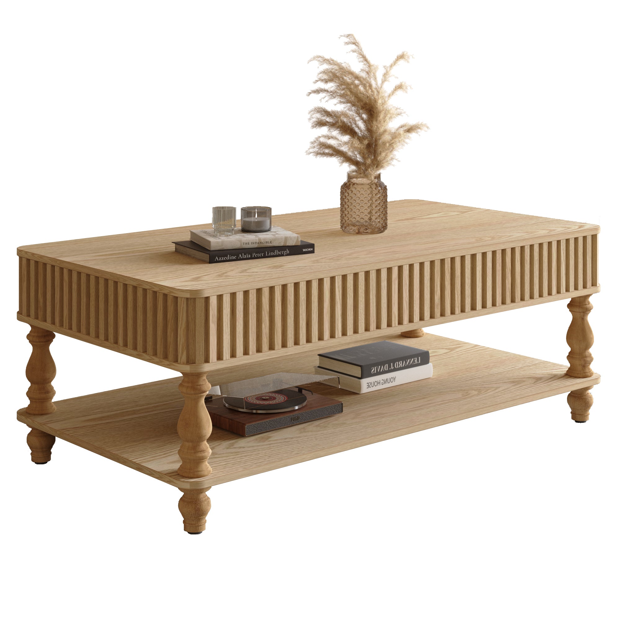 Side angle of lift top coffee table with hidden storage and lower shelf, featuring elegant solid wood craftsmanship.
