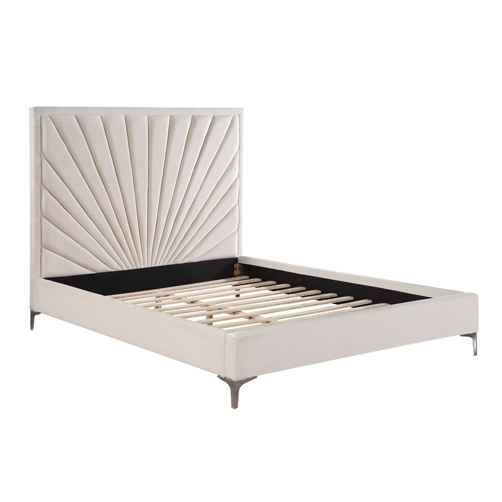 Beige velvet queen platform bed frame with sunburst tufted headboard and wooden slats, no box spring required for support.