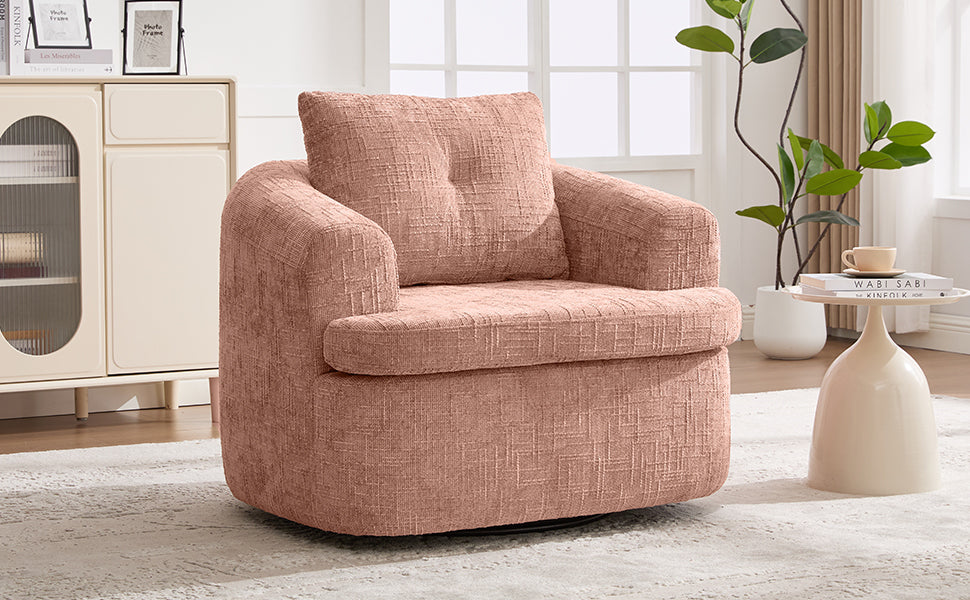 Modern Pink Swivel Barrel Chair with 360° Rotation and Dual-Layer Cushion for Living Room, Bedroom, Office, 36.6' Round Accent Chair in Chenille