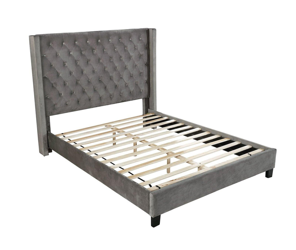Gray Upholstered King Size Bed Frame with Wingback Design.