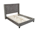 Gray Upholstered King Size Bed Frame with Wingback Design.