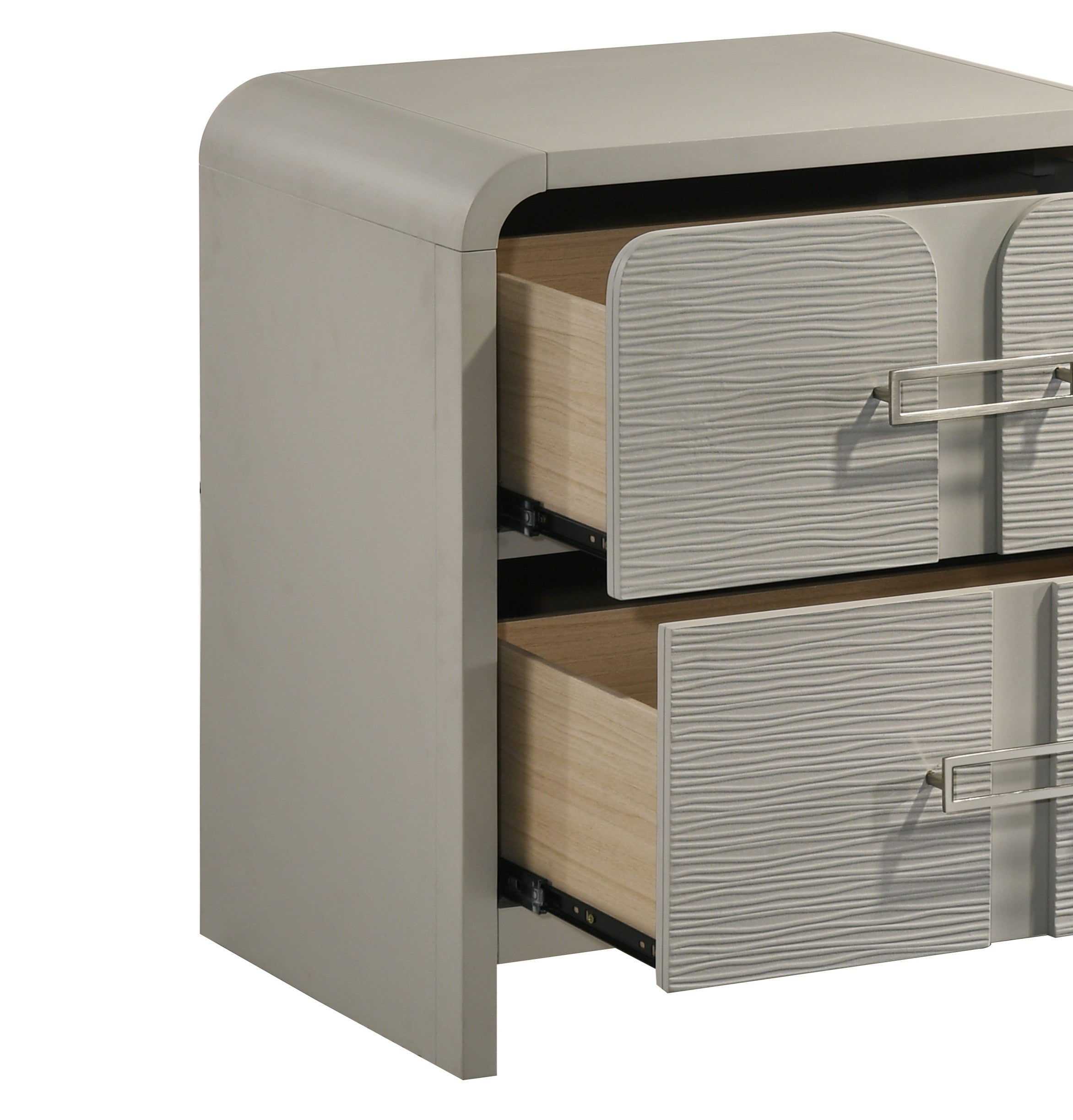 Close-up of Aria Modern 2-Drawer Nightstand showing textured drawer fronts, metal handles, and easy glide drawer system in beige finish.