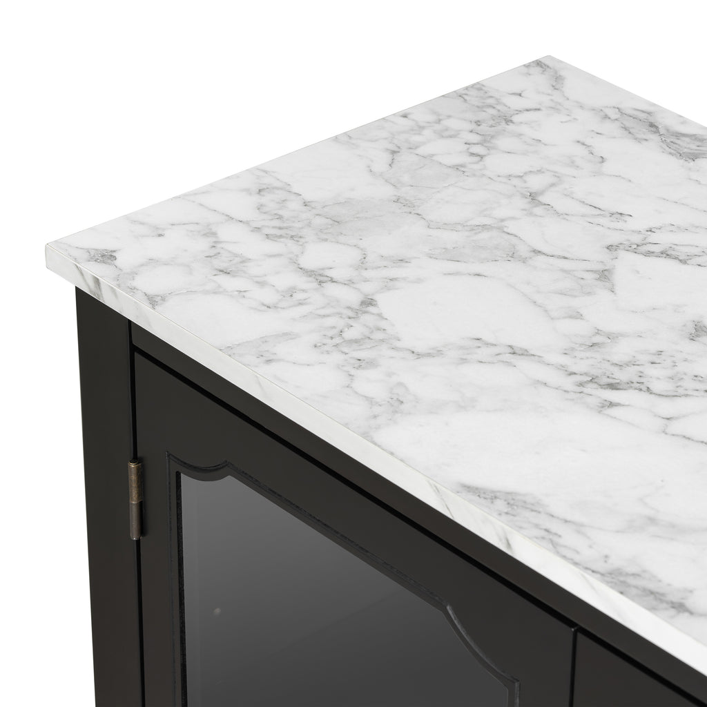 Close-up of white marble-look top on black storage cabinet, adding elegance to the functional design with adjustable shelves.