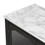 Close-up of white marble-look top on black storage cabinet, adding elegance to the functional design with adjustable shelves.