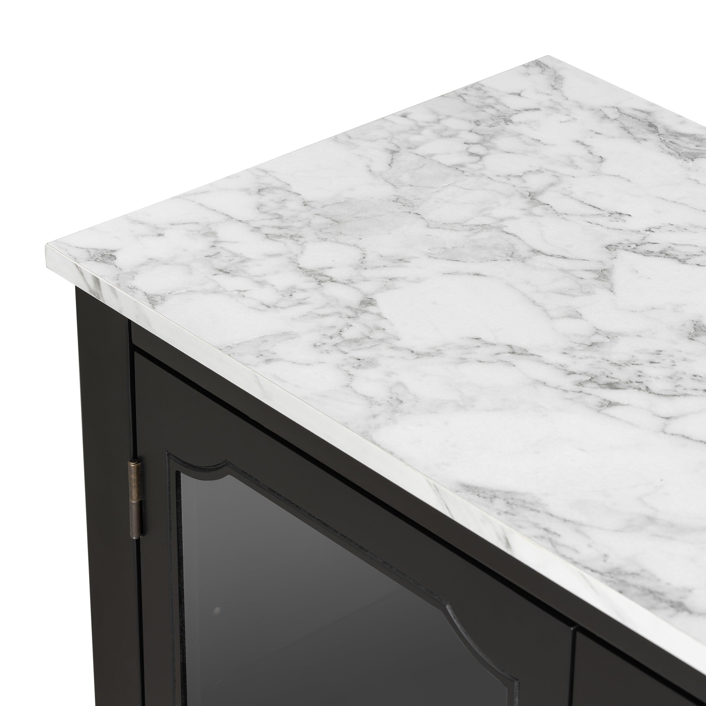Close-up of white marble-look top on black storage cabinet, adding elegance to the functional design with adjustable shelves.