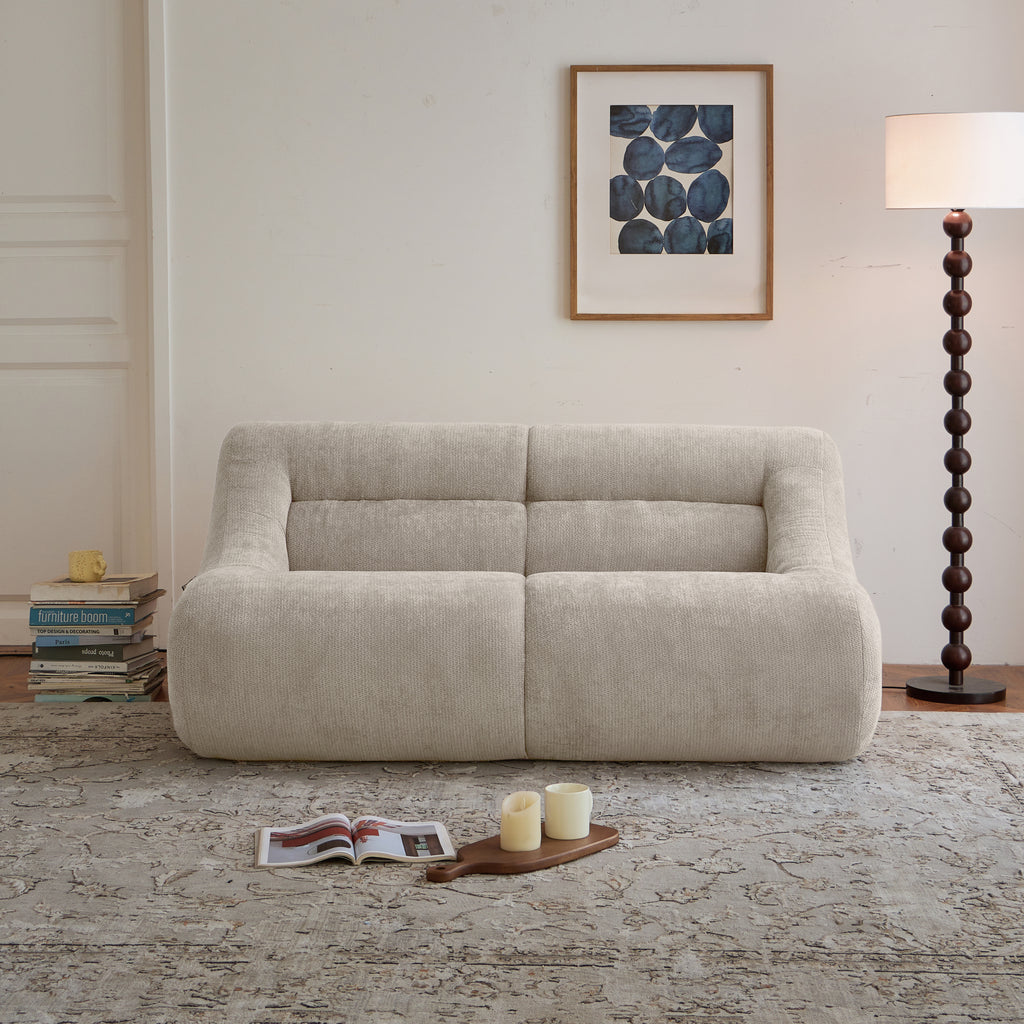 Front view of beige memory foam 2-seater sofa with plush chenille upholstery, perfect for small living areas and no installation needed.