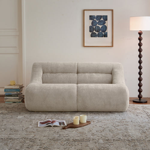 Front view of beige memory foam 2-seater sofa with plush chenille upholstery, perfect for small living areas and no installation needed.