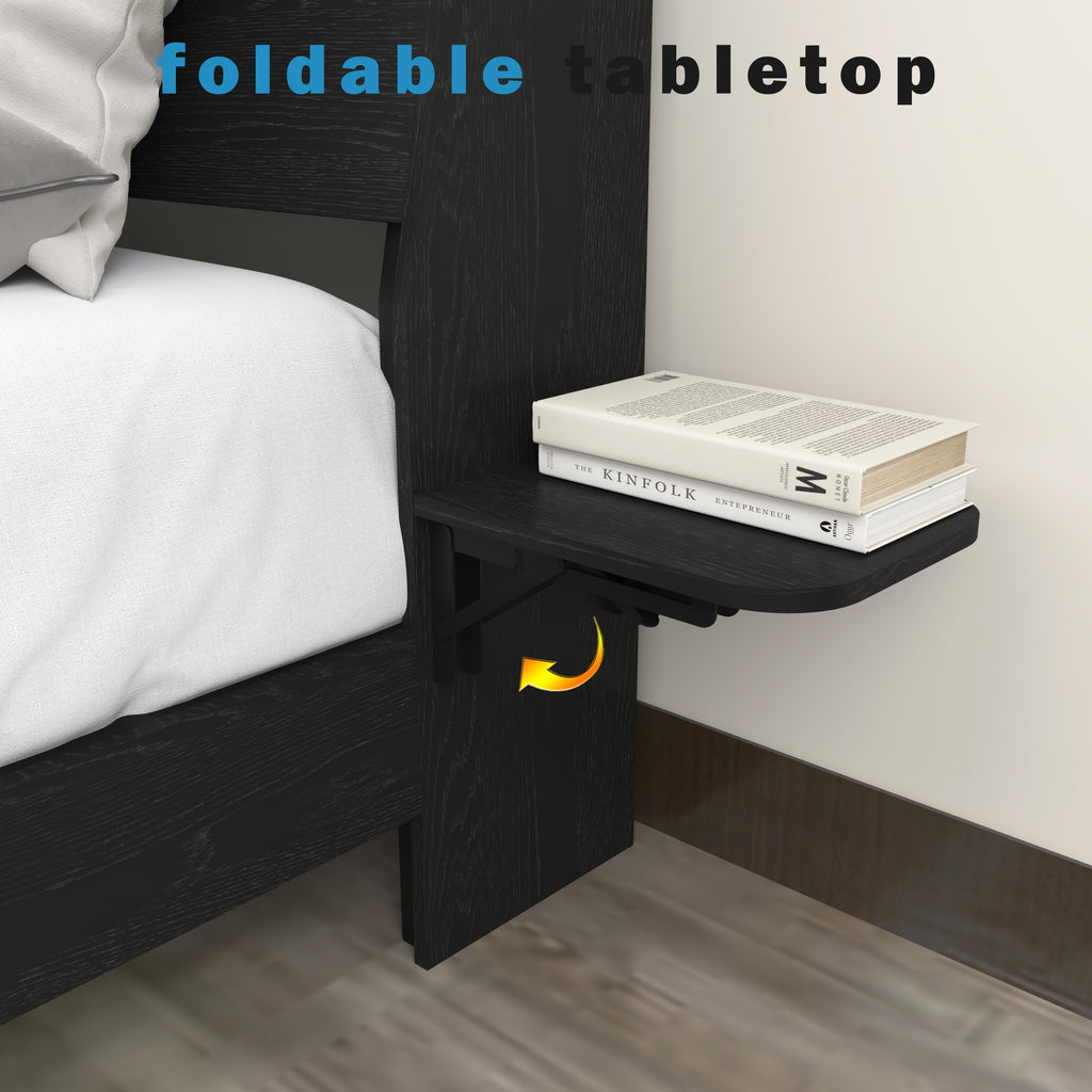 Foldable tabletop on Queen Floating Bed Frame side panel. Compact design for books or small items, ideal for space-saving bedrooms.