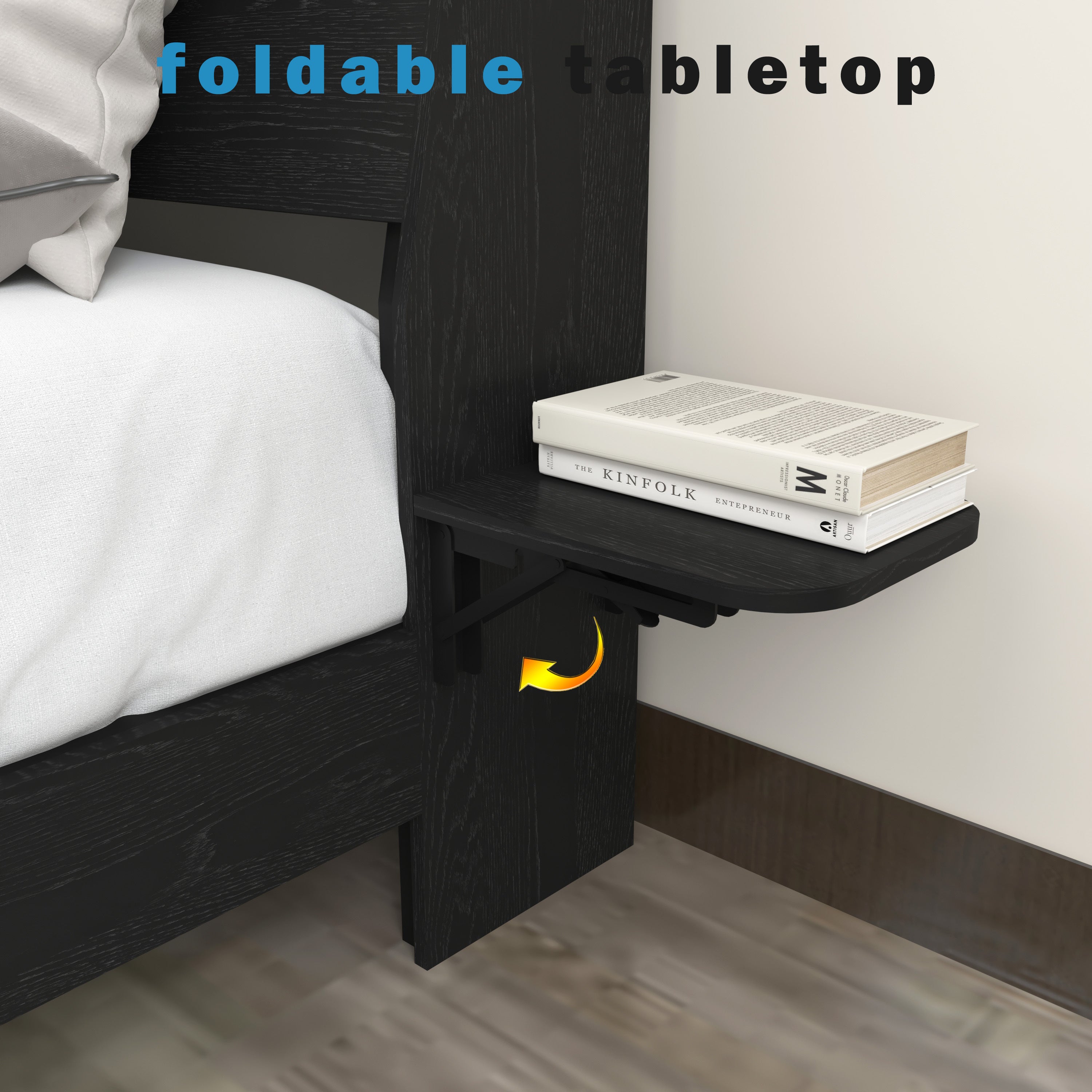Foldable tabletop on Queen Floating Bed Frame side panel. Compact design for books or small items, ideal for space-saving bedrooms.