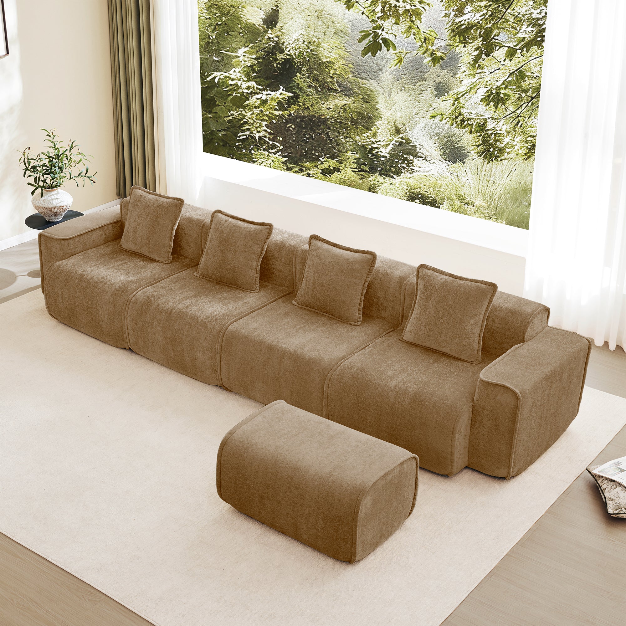 Modular L shape sofa in velvet brown with no-assembly design, placed in a modern living room with natural light and forest view.