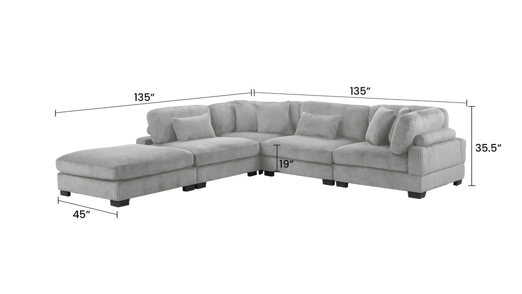 Gray Bentley Modular Sectional Sofa with dimensions 135x135 inches, featuring plush corduroy fabric and deep seating for modern interiors.