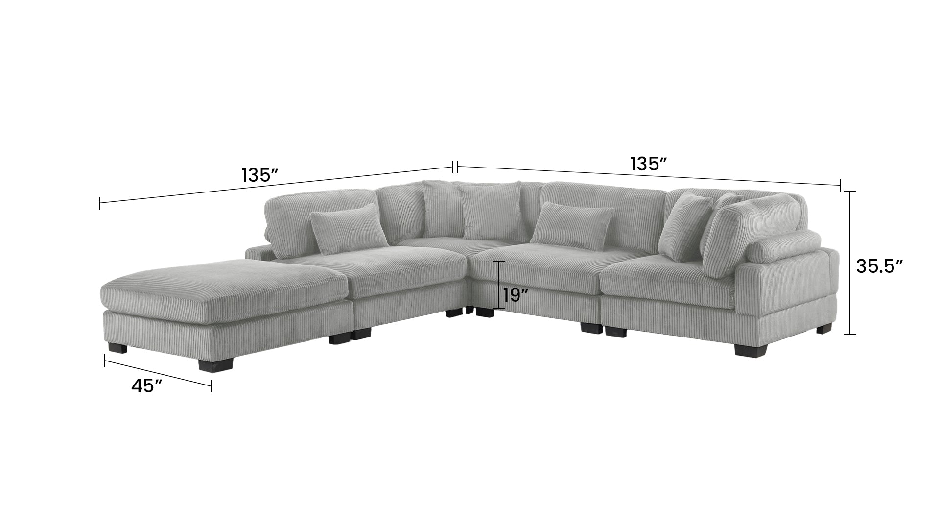 Gray Bentley Modular Sectional Sofa with dimensions 135x135 inches, featuring plush corduroy fabric and deep seating for modern interiors.